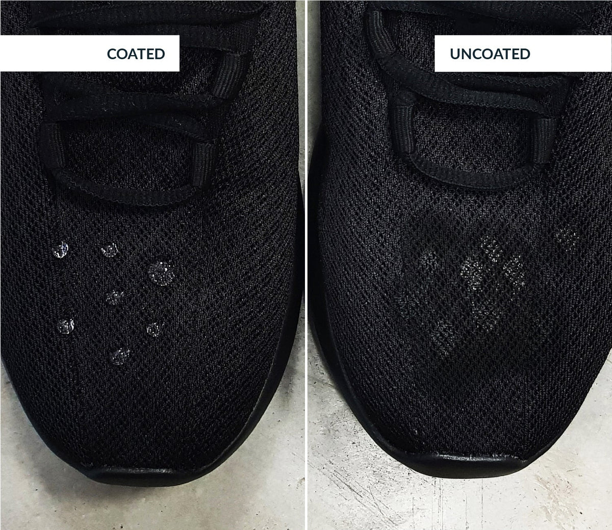Vattenavvisande effekt och pärlning på svarata sneakers skyddade med Hendlex impregnering
